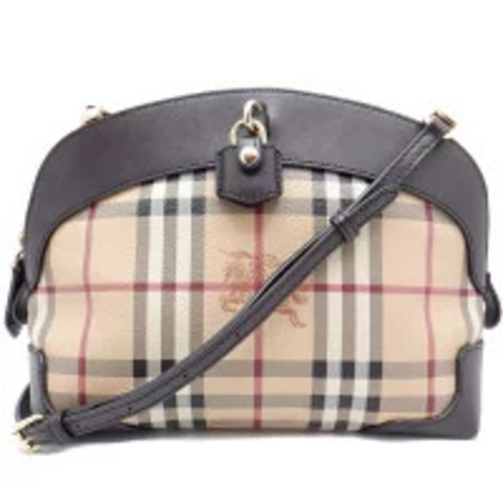 BURBERRY Check Shoulder Bag Beige Dark Brown Leather Canvas